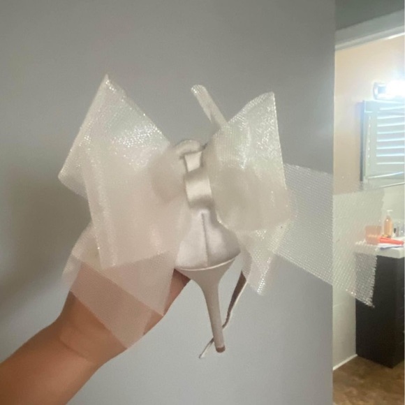 Ayanna Ivory Satin Bow Ankle Strap High Heel Sandals Lulus White Stiletto Heels - Picture 3 of 3